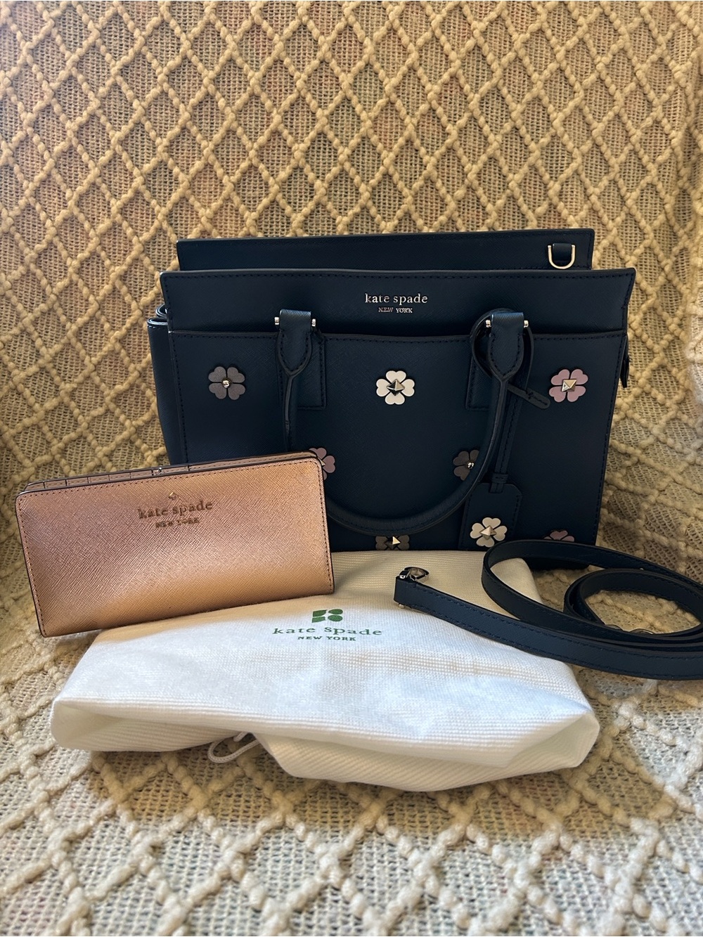 Kate Spade Navy Floral Appliqué Leather Satchel with Rose Gold Wallet